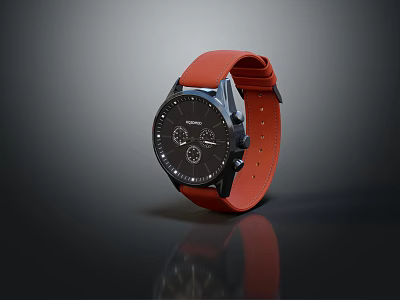 Modern Chronograph Watch Featuring Black Dial Red Leather Strap and Reflective Surface in Dark Background 3d model