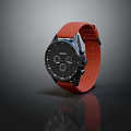 Modern Chronograph Watch Featuring Black Dial Red Leather Strap and Reflective Surface in Dark Background