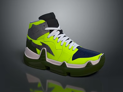 Neon Yellow High Top Sneakers With Gray Navy Blue Accents And Green Sole White Laces 3d model