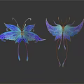 Two Blue And Purple Gradient Butterflies With Transparent Wings On Dark Background With Reflections