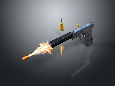 Handgun Firing With Muzzle Flame And Bullets On Reflective Surface 3d model