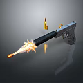 Handgun Firing With Muzzle Flame And Bullets On Reflective Surface
