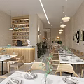 Modern Restaurant Interior With White Tables Wooden Chairs Hanging Lights And Wall Art