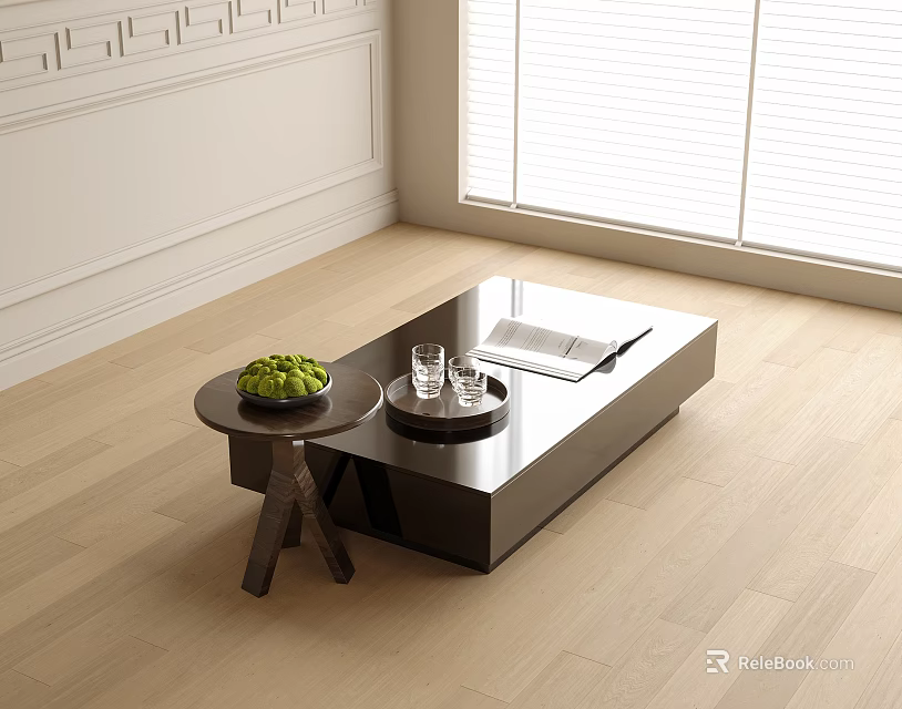 Modern Black Coffee Table With Glass Cups Magazine And Small Round Table In Bright Room 3d model 