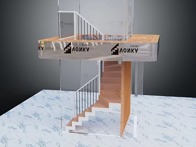 Modern Interior Staircase With Transparent Structure Wooden Steps Metal Railings And Upper Platform 3d model