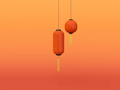 Two Traditional Red Hanging Lanterns With Tassels Against Orange Gradient 3d model