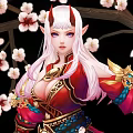Fantasy Female Game Character Long White Hair Red Horns Ornate Red Gold Outfit Cherry Blossoms