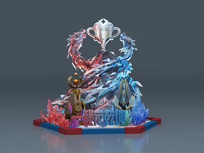 Fantasy Trophy Design With Dragon Shaped Decorations Crystals And Red Blue Base 3d model