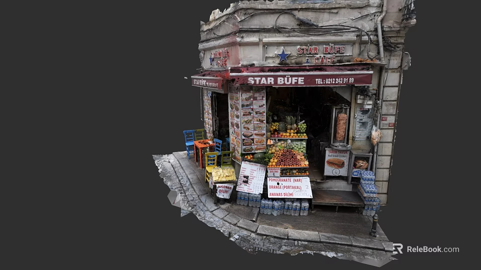 STAR BUFFE Cafe Street Front With Fruit Display Tables Chairs And Bottled Water 3d model 