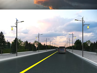 Elegant Lantern Shaped Outdoor Lights On Street Lamps Illuminating Evening Road With Vehicle 3d model