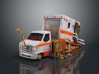 Old Damaged White Ambulance With Orange Stripes And Tools Nearby 3d model