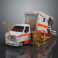 Old Damaged White Ambulance With Orange Stripes And Tools Nearby