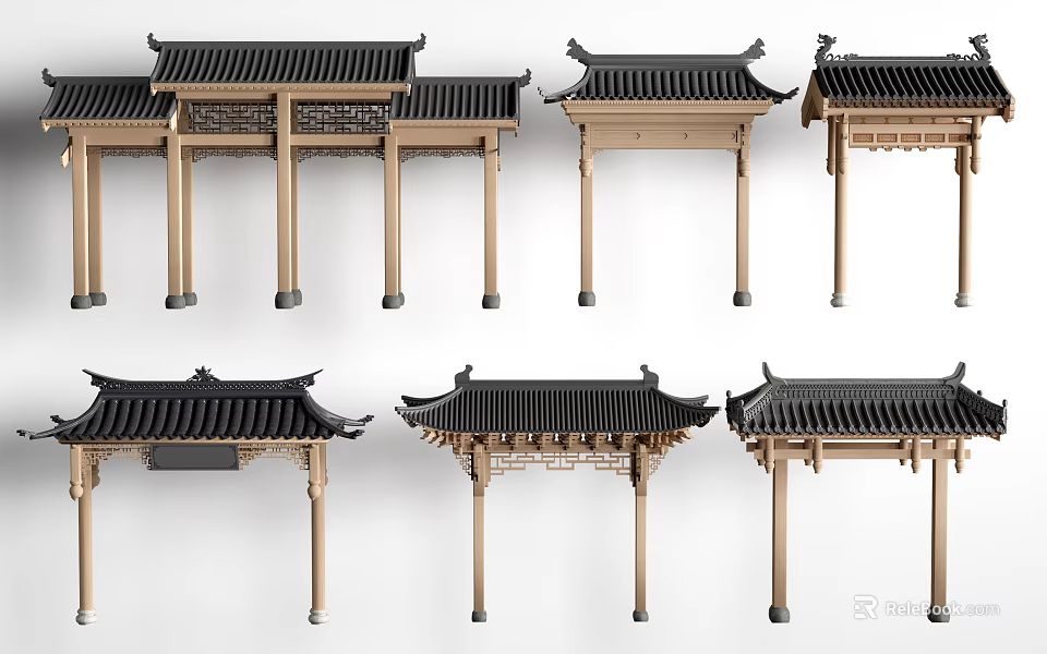 Traditional Chinese Gateway Facade with Black Tile Roof Wooden Structure and Eave Design 3d model 