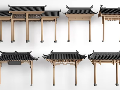 Traditional Chinese Gateway Facade with Black Tile Roof Wooden Structure and Eave Design 3d model
