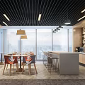 Modern Break Room with Green Wall Large Windows Tables Chairs Bar Counter and Coffee Machine