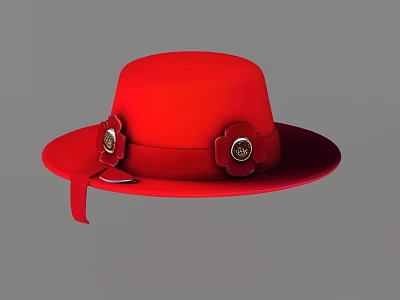 Red Stylish Hat With Two Decorative Flowers And Red Ribbon Accent 3d model