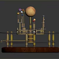 Astronomical Orrery Model With Wooden Base Metal Frame And Colorful Celestial Spheres