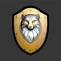 Detailed Yellow Wooden Shield Featuring Fox Head Design And Metal Rivets
