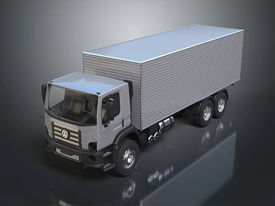 Gray Commercial Box Truck Cab Container And Wheels On Reflective Surface 3d model