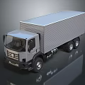 Gray Commercial Box Truck Cab Container And Wheels On Reflective Surface