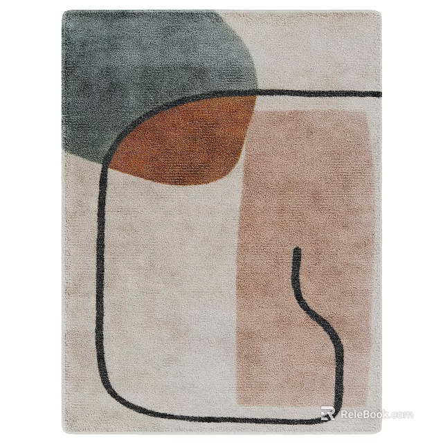 Abstract Geometric Square Rug with Green Brown Beige Tones and Black Curved Lines 3d model 