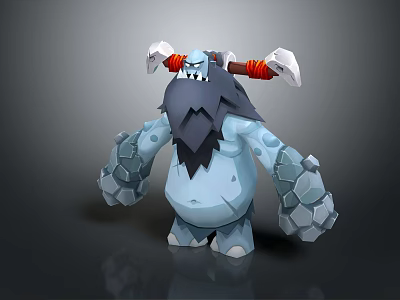 Blue Rock Giant Game Character With Double Axes Red Straps Black Beard And Stone Arms 3d model