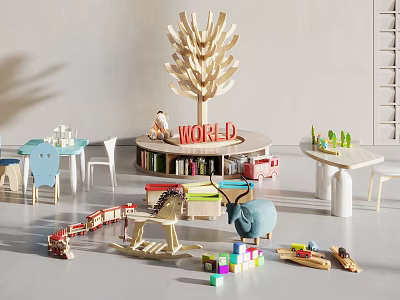 Playful Doll in Kids Activity Room with Wooden Tree Bookshelf Toys and Building Blocks 3d model