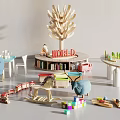 Playful Doll in Kids Activity Room with Wooden Tree Bookshelf Toys and Building Blocks