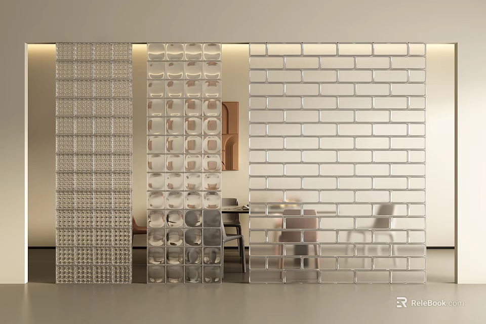 Modern Interior Decorative Glass Partition With Grid And Brick Patterns 3d model