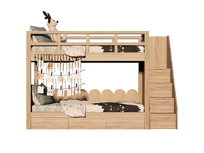 Wooden Kids Bunk Bed With Staircase Storage Drawers And Decorative Elements 3d model