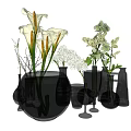 Transparent Glass Vases with White Purple Flowers and Green Leaves Decorative