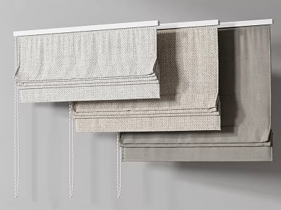 Neutral Toned Linen Roman Curtains With Different Folding Styles On Wall 3d model