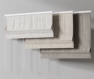 Neutral Toned Linen Roman Curtains With Different Folding Styles On Wall 3d model