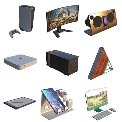 Assorted Computer Tech Devices Including Desktop Monitor Tablet Speakers Game Controller And Laptop 3d model