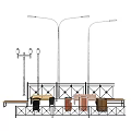 Outdoor Street Lights with Benches Trash Bins and Railing in Public Area