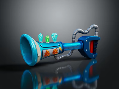 Blue Horn Shaped Weapon With Green Components Orange Details And Metal Pipes 3d model