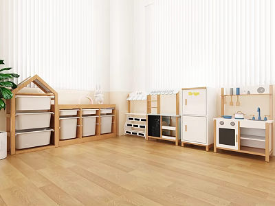 Bright Children's Playroom With Wooden Toy Kitchen Storage Cabinets And Green Plant 3d model
