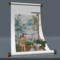Traditional Chinese Scroll Photo Check-in Spot With Landscape Painting Lantern And Lotus Flowers