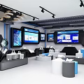 Modern Showroom Interior With Multiple Screens Display Podiums And Geometric Design 3d model