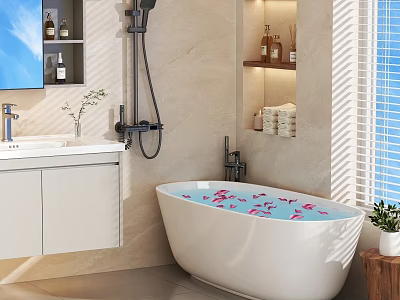 Modern Bathroom With Freestanding Bathtub Flower Petals White Vanity Niches Toiletries And Showerhead 3d model