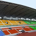 Large Circular Stadium 3D Model With Wavy Roof Colored Seats Football Field And Running Track