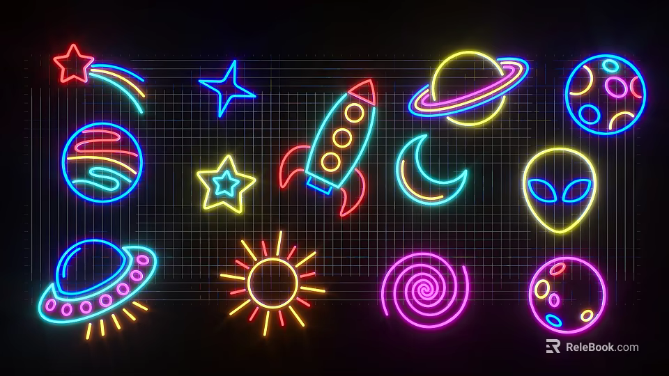 Neon Decorative Lights with Colorful Rainbow Stars Rocket Planets Moon Alien UFO Sun Spiral Designs 3d model 