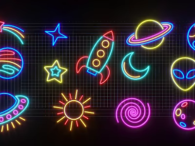 Neon Decorative Lights with Colorful Rainbow Stars Rocket Planets Moon Alien UFO Sun Spiral Designs 3d model