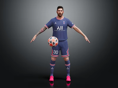 Man Wearing Blue Soccer Jersey With ALL Logo Number 80 Holding Football In Black Background 3d model