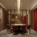 Modern Restaurant Interior With Red Walls Food Display Posters Dining Tables And Chairs