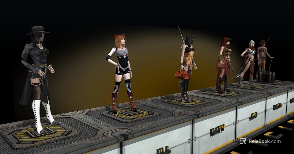 Multiple Game And Movie Characters Standing On Platforms With Various Costumes And Weapons 3d model 