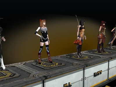 Multiple Game And Movie Characters Standing On Platforms With Various Costumes And Weapons 3d model