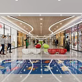 Shopping Mall Lobby With Shiny Floor Ceiling Lights Columns And Shoppers