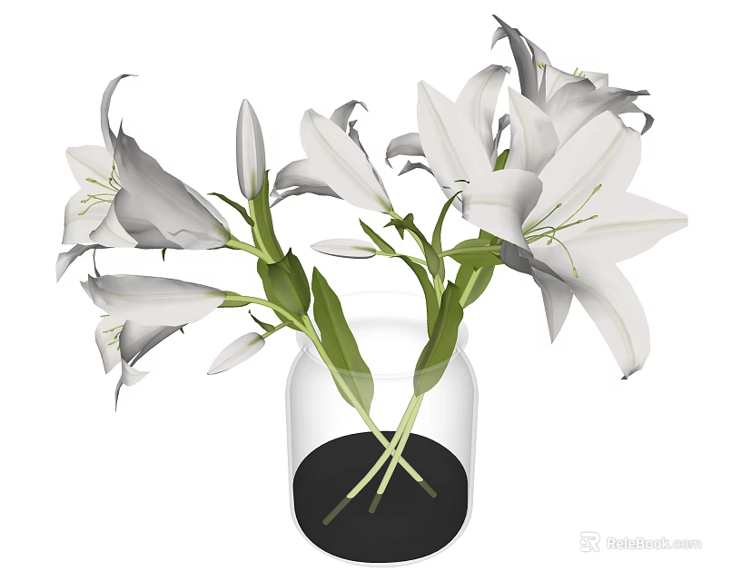 Transparent Glass Vase With White Lilies Green Stems And Fresh Leaves 3d model 
