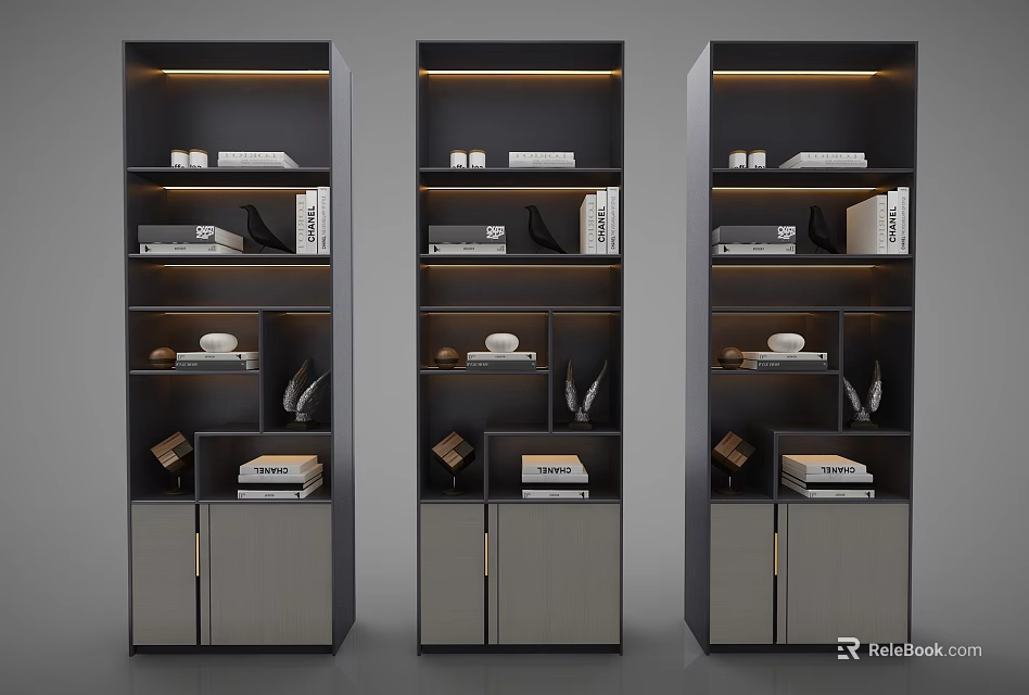 Modern Decorative Cabinet With Built In Lighting Multiple Shelves And Decorative Items 3d model 